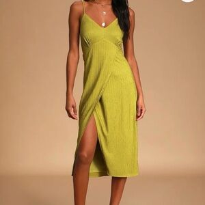 Lulus View and I Chartreuse Tie-Back Faux-Wrap Midi Dress size large minor flaws